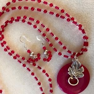 Pink jade & .925 SS necklace and earrings set